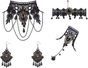 img 4 attached to FINREZIO Women's Gothic Halloween Jewelry Set - Black Lace Choker Earrings, Hand Slave Bracelet, Wristband Ring - Perfect for Punk Party, Sexy Victorian Vampire Costumes