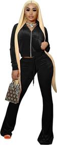 img 3 attached to 👖 Stylish Velour Tracksuit Sets: Long Sleeve Crop Tops, Jackets & Flared Long Pants for Women