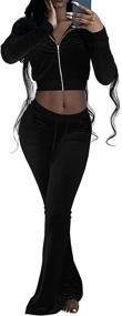 img 4 attached to 👖 Stylish Velour Tracksuit Sets: Long Sleeve Crop Tops, Jackets & Flared Long Pants for Women