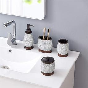 img 2 attached to 🛁 ZCCZ Glass Mosaic Bathroom Accessories Set - 4 Piece Vanity Countertop Decor Set with Lotion/Soap Dispenser, Cotton Jar, Toothbrush Holder, and Tumbler for Bathroom Decor