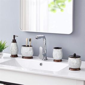 img 3 attached to 🛁 ZCCZ Glass Mosaic Bathroom Accessories Set - 4 Piece Vanity Countertop Decor Set with Lotion/Soap Dispenser, Cotton Jar, Toothbrush Holder, and Tumbler for Bathroom Decor