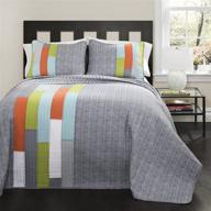 🛏️ modern geometric pattern reversible 3 piece bedding set - lush decor twin-gray & orange shelly stripe quilt logo