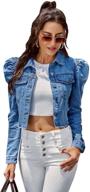 π chic and versatile: soly hux women's puff sleeve raw hem button down crop denim jacket logo