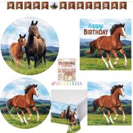 🐴 horse equine birthday party supplies bundle for 16 guests - dinner plates, cake plates, lunch napkin, beverage, table cover, happy birthday banner, candles and recipe logo