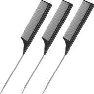 🖤 premium 3-pack rat tail comb set: steel pin rat tail carbon fiber heat resistant teasing combs with stainless steel pintail (black) logo