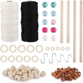 img 4 attached to 🧵 170 Piece Macrame Cord Kit 3mm White & Black Natural Cotton Macrame Supplies with 219 Yard Macrame Rope Wooden Beads Rings Sticks - DIY Macrame Plant Hanger Wall Hanging Craft Kits for Adult Beginners