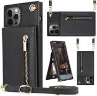 📱 hoggu iphone 12 pro max wallet case with crossbody leather, card holder, zipper purse, kickstand, removable shoulder strap, square corners, and protective back cover - 6.7 inch, black logo