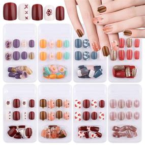 img 4 attached to 💅 TOROKOM 192 Pcs Short Square Press On Nails - Designed Fake Nails for Kids, Women & Girls - Glossy Acrylic Fingernails - Full Cover & Cute - With Nail Adhesive Tabs
