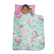 🧜 kids pink aqua mermaid toddler nap mat w/ pillow & blanket, aqua pink lavender white logo