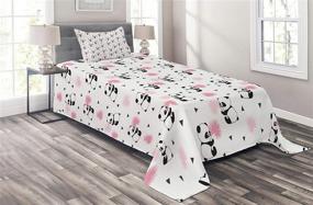 img 2 attached to 🐼 Pink Black Panda Coverlet for Kids, Cartoon Bear Drawings with Chinese Foliage Leaves, 2-Piece Quilted Bedspread Set including 1 Pillow Sham, Twin Size, from Lunarable