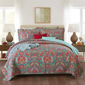 img 4 attached to 🛏️ King Size 100% Cotton Jacquard Style Quilt Set with Paisley Patchwork - 3-Piece Coverlet Set