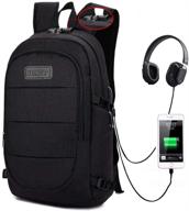 black laptop with backpack, charging, and headphone interface logo