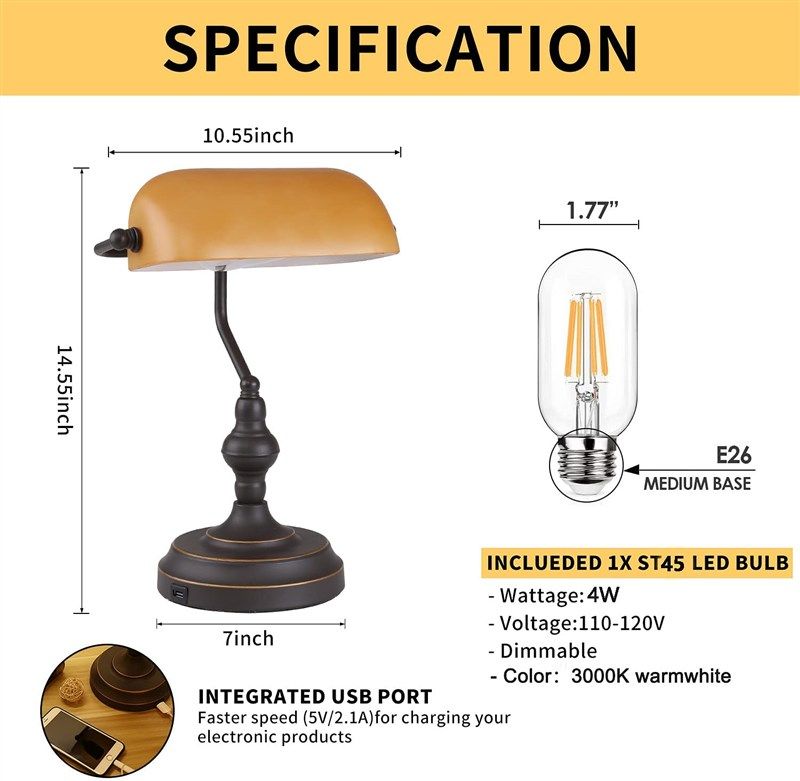 Green Glass Bankers Desk Lamp,Vintage Desk Lamp Touch Control, 3 Way  Dimmable Table Lamp with USB Charging Port, Mid Century Banker's Desk Lamp  for