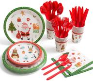 🎅✨ white and red santa reindeer christmas party supplies set - includes 24 guests: 24 dinner plates, 24 dessert plates, 24 napkins, 24 cups, and 24 sets of plastic cutlery logo