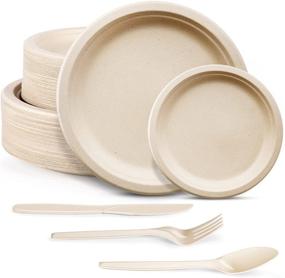 img 4 attached to Compostable Paper Plates Set - 250pcs Biodegradable Heavy-Duty Dinnerware for Party, Camping, Picnic - Extra Long Utensils - Made of Sugar Cane Fibers