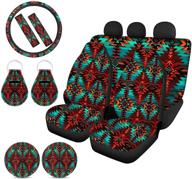 🔮 aztec tribal car seat covers and steering wheel cover - full set with seat belt cover, keychains, automotive cup holders - universal fit for car suv truck sedan - vintage indian stripe geometric pattern logo