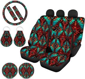 img 4 attached to 🔮 Aztec Tribal Car Seat Covers and Steering Wheel Cover - Full Set with Seat Belt Cover, Keychains, Automotive Cup Holders - Universal Fit for Car SUV Truck Sedan - Vintage Indian Stripe Geometric Pattern