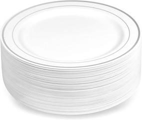 img 4 attached to 🍽️ Premium 7.5-inch White Disposable Plastic Plates with Silver Rim, 50-Pack - Real China Look for Elegant Weddings, Parties, and Catering - Heavy Duty & Non Toxic by BloominGoods