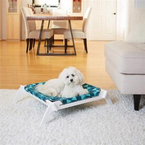 img 2 attached to Premium Pet Lounge by Primetime Petz - Raised Indoor Bed for Cats or Small Dogs with Reversible Fabric Hammock (Blue Triangles/Solid Teal)