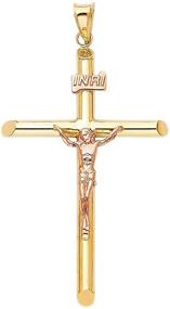img 4 attached to 🕊️ 14K Yellow Rose Gold Crucifix Pendant: Engraved Jesus Image on Linear Cross Charm - Two Tone Fine Jewelry for Men & Women - Christmas & All Occasion Gift