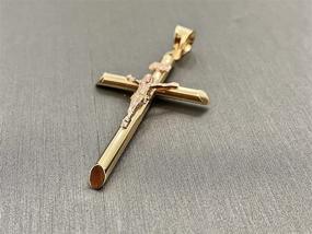 img 2 attached to 🕊️ 14K Yellow Rose Gold Crucifix Pendant: Engraved Jesus Image on Linear Cross Charm - Two Tone Fine Jewelry for Men & Women - Christmas & All Occasion Gift