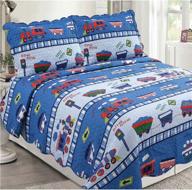 🚂 golden linens full size 3-piece bedspread set with blue train at work design - includes 1 quilt and 2 pillow cases - toot toot train theme (29) logo