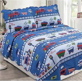 img 1 attached to 🚂 Golden Linens Full Size 3-Piece Bedspread Set with Blue Train at Work Design - Includes 1 Quilt and 2 Pillow Cases - Toot Toot Train Theme (29)