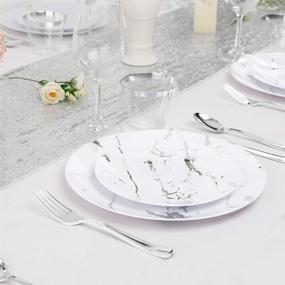 img 1 attached to 🍽️ BUCLA 210PCS White Silverware & Plastic Plates Set with Silver Cups - Marble Design Disposable Dinnerware Kit Including 60 Plates, 30 Cups, and 30 Plastic Utensils