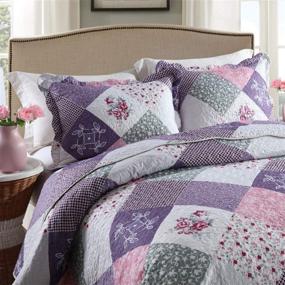 img 4 attached to Qucover Pastoral Purple Floral Patchwork Quilts Set Queen 3 Pcs, Polyester Quilted Bedspread Coverlets with Pillowcases for All Season, Reversible Purple Comforter Bedding Sets Queen