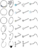 💍 l 20g longita nose rings hoop, stainless steel nose studs with opal diamond heart, flat top, high nostril piercing jewelry pack for women men in silver, rose gold, and black logo