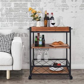 img 3 attached to 🍷 CharaVector Rustic Brown Solid Wood Bar Serving Cart with Wine Glass Rack and Lockable Caster - Rolling Kitchen Storage Solution for Home