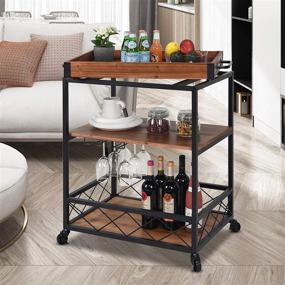 img 2 attached to 🍷 CharaVector Rustic Brown Solid Wood Bar Serving Cart with Wine Glass Rack and Lockable Caster - Rolling Kitchen Storage Solution for Home