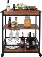 🍷 charavector rustic brown solid wood bar serving cart with wine glass rack and lockable caster - rolling kitchen storage solution for home logo