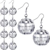 5 pairs disco ball earrings: sparkling silver mirror balls for women's 60's or 70's dance party costume logo