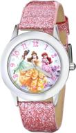 👑 disney kids' w000408 disney tween glitz princess stainless steel watch - sparkling pink glitter leather band logo