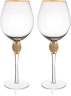 set of 2 gold rimmed wine glasses - rhinestone champagne flutes with diamond studs - long stem, 16oz, 10-inches tall - elegant glassware and stemware логотип