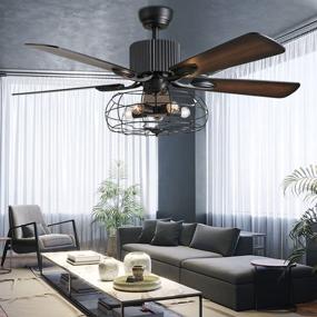 img 2 attached to 🏭 Clody Industrial Ceiling Fans: Vintage Black Cage Chandelier Fan with Remote Control & Pull Chains - 52 Inch Wood Reversible Blades Lighting Fixture