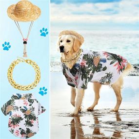 img 1 attached to Stylish Pet Dog Hawaiian Shirt Set: Cool Summer T-Shirts, Straw Hat & Golden Chain Collar for Small to Large Dogs – White/Pineapple Design