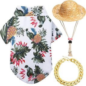 img 4 attached to Stylish Pet Dog Hawaiian Shirt Set: Cool Summer T-Shirts, Straw Hat & Golden Chain Collar for Small to Large Dogs – White/Pineapple Design