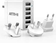 адаптер для путешествий arttron 40w 6-портовый usb зарядное устройство для iphone, ipad, samsung 🔌 galaxy, lg, nexus, htc и многое другое - съемный штекер, быстрая зарядка для всех устройств usb 5v. логотип