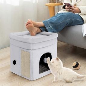 img 3 attached to 🐱 Mancro Cat House: Fluffy Ball Hanging & Scratch Pad, Odorless Cat Beds for Indoor Cats. Foldable & Washable Cat Cave, Nonslip Soft Fabric Cat Hideaway for Kitty. Size: 14x14x16 inches, Color: Grey.