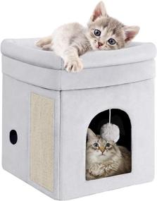 img 4 attached to 🐱 Mancro Cat House: Fluffy Ball Hanging & Scratch Pad, Odorless Cat Beds for Indoor Cats. Foldable & Washable Cat Cave, Nonslip Soft Fabric Cat Hideaway for Kitty. Size: 14x14x16 inches, Color: Grey.