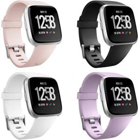 img 4 attached to Neitooh Fitbit Versa Bands: 4-Pack Classic Soft Silicone Sport Straps for Women and Men - Small Size (Black/White/Sand Pink/Lavender)