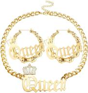 👑 sailimue queen pendant curb chain necklace & oversize bamboo hoop earring set - gold plated punk style hip hop rapper jewelry for women logo