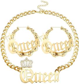 img 4 attached to 👑 Sailimue Queen Pendant Curb Chain Necklace & Oversize Bamboo Hoop Earring Set - Gold Plated Punk Style Hip Hop Rapper Jewelry for Women