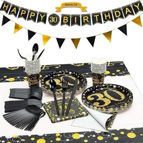 img 3 attached to 🎉 CrzPai 30th Birthday Party Supplies Set, Pack of 24: Plates, Napkins & Tableware - Cups, Tablecover, Utensils, Black Gold Bunting Banner Decor - Disposable for Easy Cleanup!