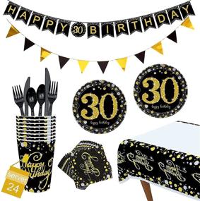 img 4 attached to 🎉 CrzPai 30th Birthday Party Supplies Set, Pack of 24: Plates, Napkins & Tableware - Cups, Tablecover, Utensils, Black Gold Bunting Banner Decor - Disposable for Easy Cleanup!