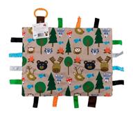 baby sensory, security & teething closed ribbon tag lovey blanket: forest print, minky dot fabric, 14”x18” size logo