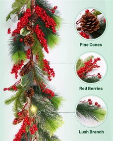 img 2 attached to 6FT Red Berry Lighted Christmas Garland with Lights - Vlorart Prelit Christmas Garland for Mantle, Indoor Outdoor Home Walls Stairs Fireplace Decoration Garland for Christmas Holiday Decor