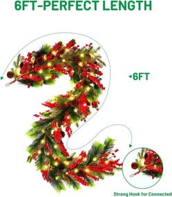 img 3 attached to 6FT Red Berry Lighted Christmas Garland with Lights - Vlorart Prelit Christmas Garland for Mantle, Indoor Outdoor Home Walls Stairs Fireplace Decoration Garland for Christmas Holiday Decor